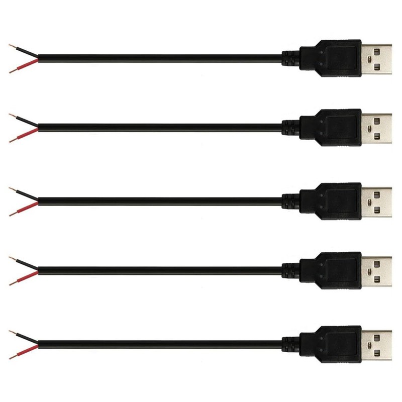 5Pcs 1Ft 30CM 22AWG USB 2.0 Male 2Pin Pigtail Cable 3A 5V USB A 2 Core Bare W…