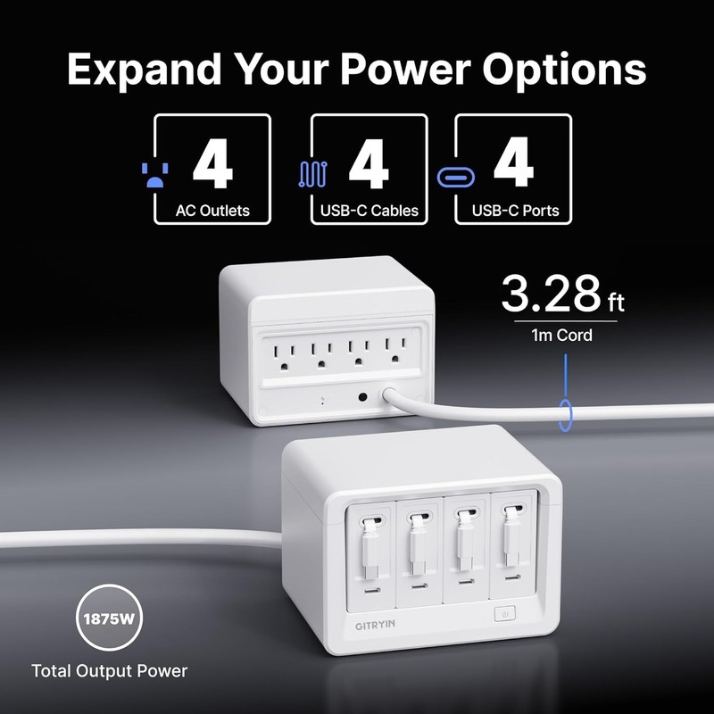 Gitryin Desktop Charging Station Retractable Cable Wall Charger AC/USB/Type-C gallery