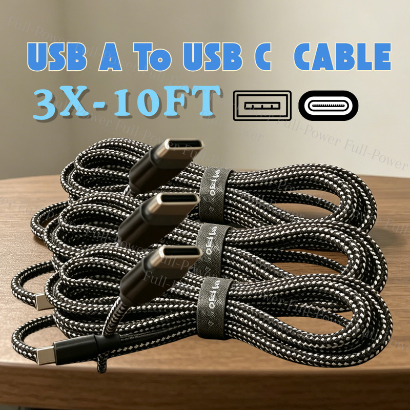 3-Pack 10FT Braided USB C Fast Charging Type-C Data SYNC Charger Cable Cord Lot