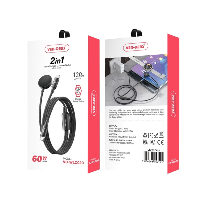 VEN-DENS 2-in-1 60W Fast Charger USB-C to usb-c Galaxy Watch Charging Cable gallery