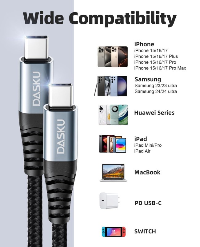 15FT USB C to C Cable 100W Fast Charging, Extra Long Braided Type C Cord for iPh gallery