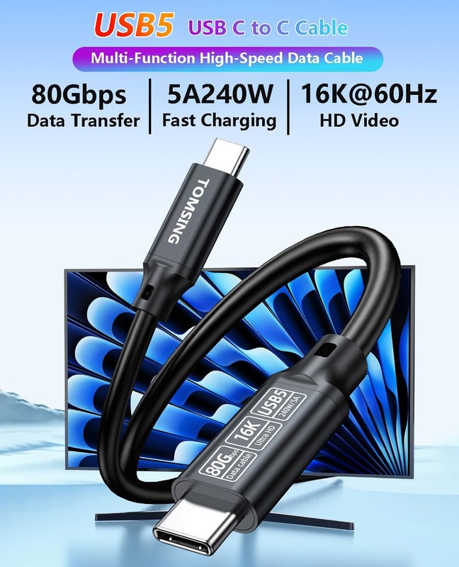 1.6 Ft 0.5m Black USB C To C 240W Fast Charge Cable 80Gbps 16K Nylon Braided gallery