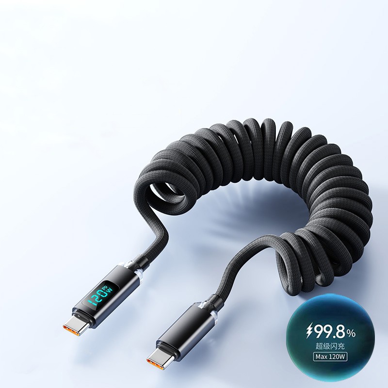 C-C, USB-C Spring Coil Cable Braided Fast Phone Lead Charger 120W Power Display gallery