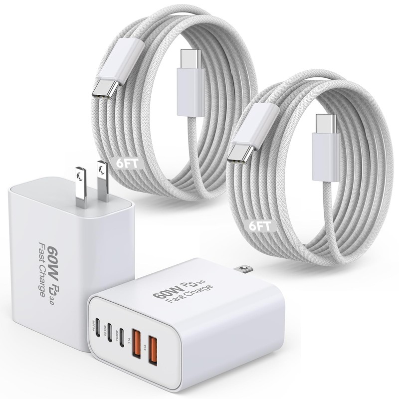 iPhone 17/16 Fast Charger Block,2 Pack 60W USB Charging Braid 6FT, White