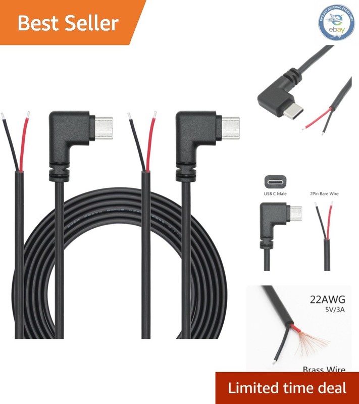 Braided 2M USB C to 2 Pin Open End Wire - 90 Degree Connector for DIY Projects
