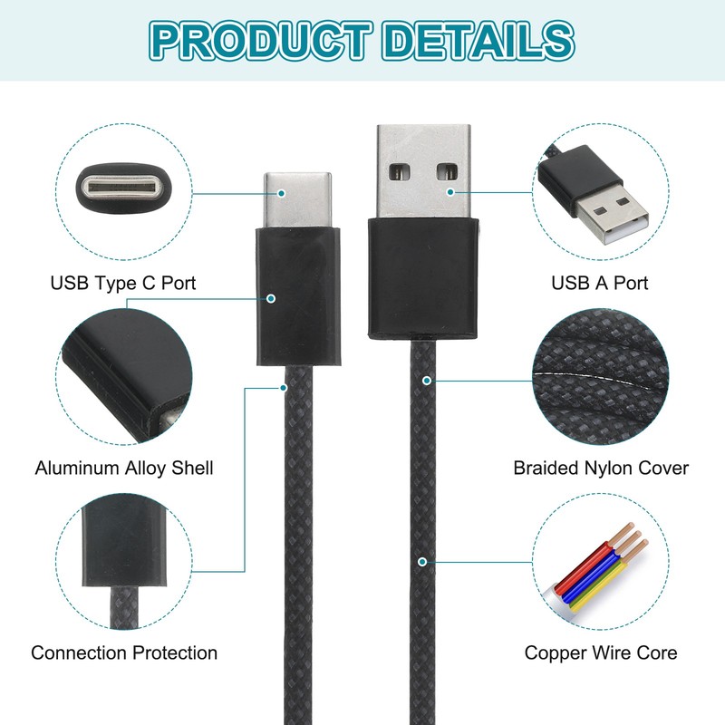 6.56ft USB Type C Charger Cable, 2A Type-C to USB A Charging Data Cord Black gallery