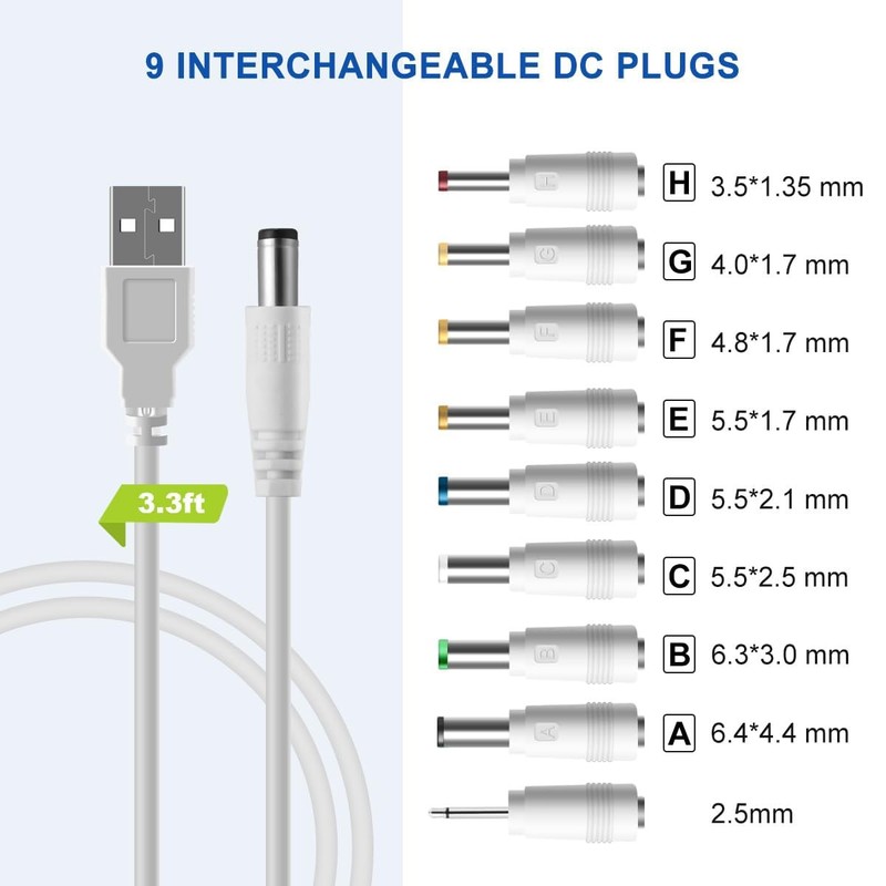 DC 5V Power Cord USB To 5V DC Power Cable Charging Cord With 9 Adapters gallery
