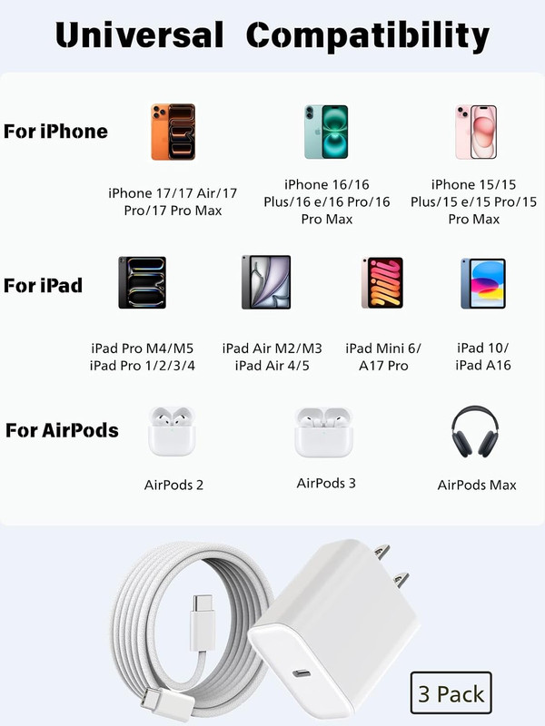 3 Pack Iphone Charger USB C Fast Charging Block with 6FT C-C Charging Cable | US gallery