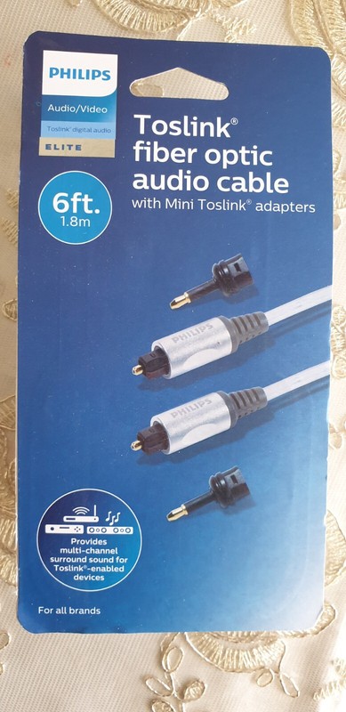 Philips 6′ Elite Toslink Digital Fiber Optic Cable with 2 Mini Adapters – Gray