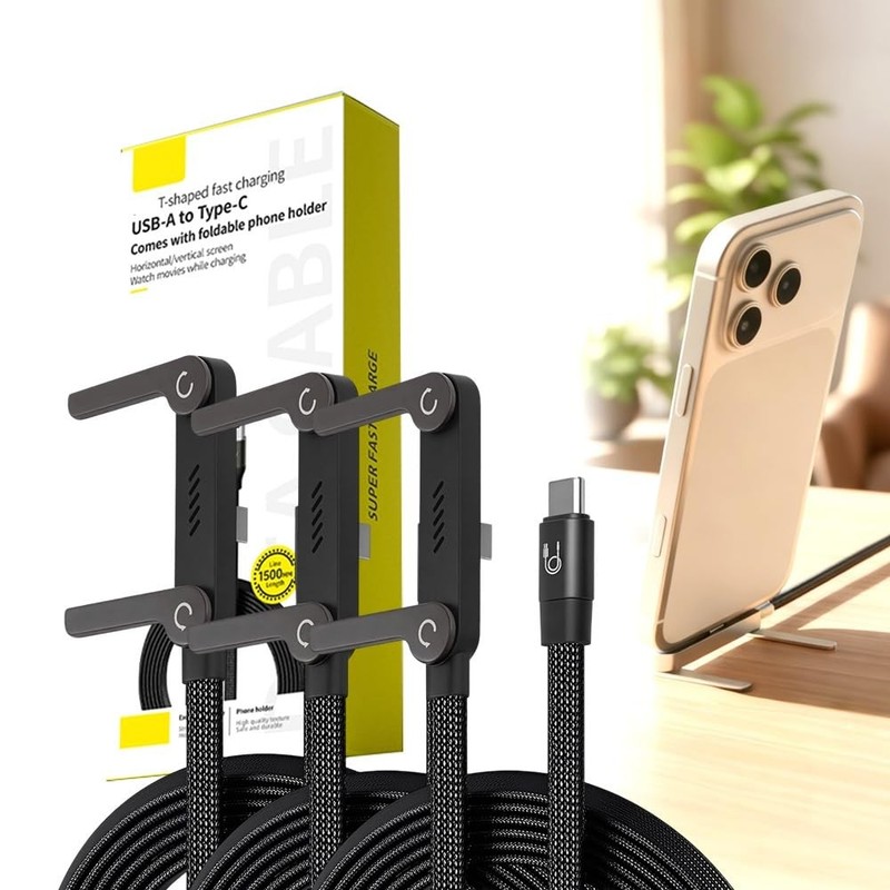 240W Braided Fast Charge Cable with Built-in Phone Stand Foldable USB-C Cord gallery
