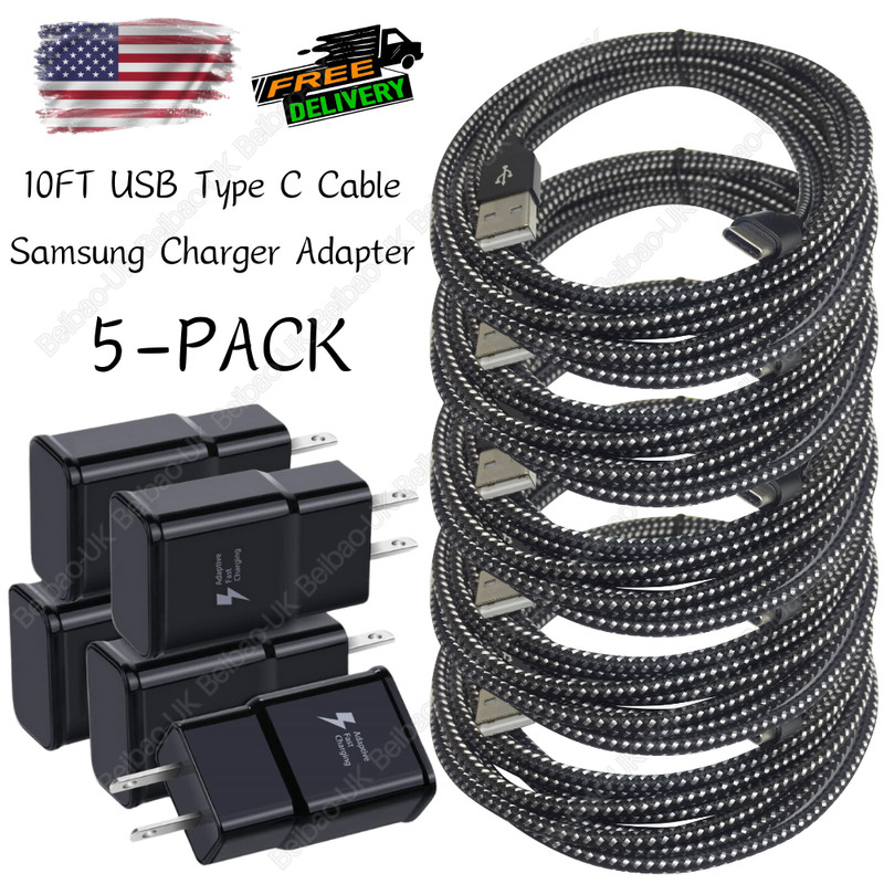 5Pack 10Ft USB TypeC Cable For Samsung Android USB Fast Charger Wall Power Block