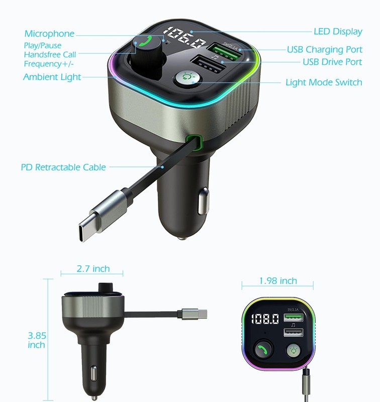 Bluetooth 5.4 FM Transmitter for Car, 36W(12V)-65W(24V) Type C Retractable Co... gallery