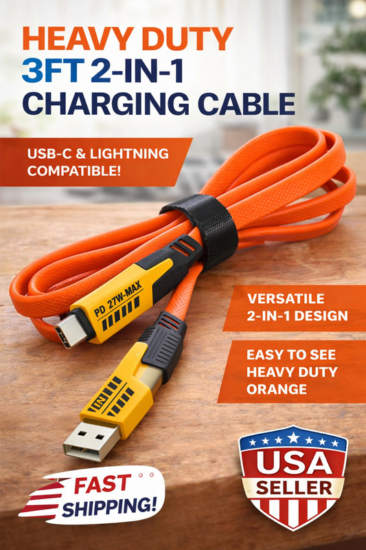 3FT 2-in-1 Charging Cable USB-A to USB-C & Apple Heavy Duty Orange Cord