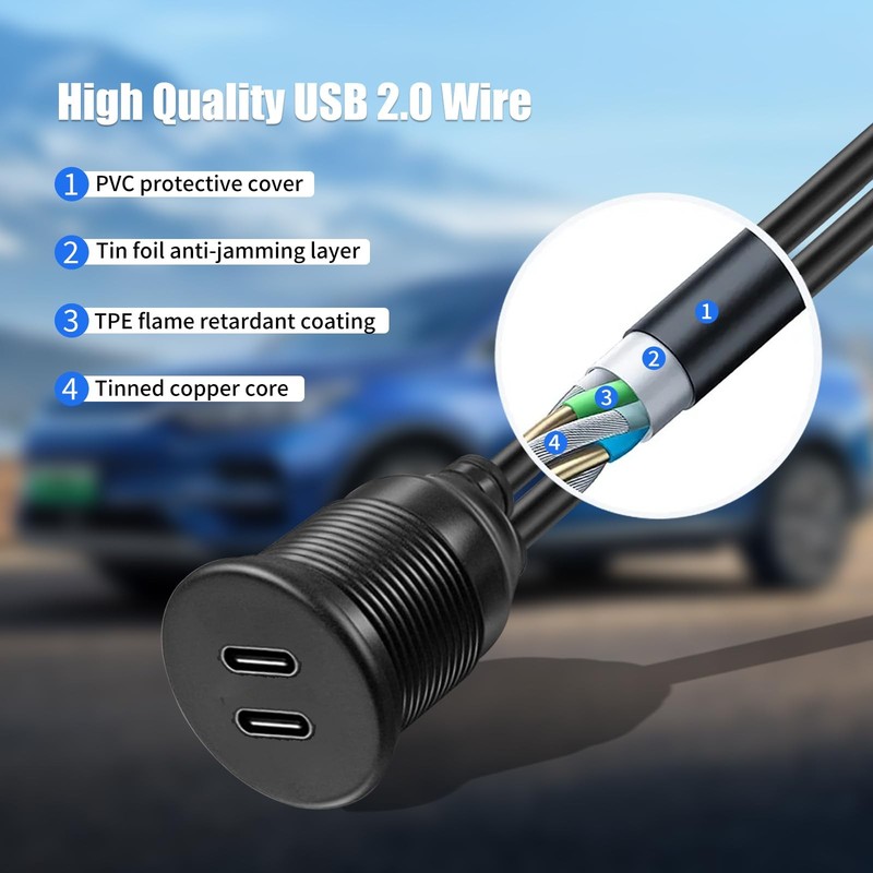 Dual Port USB A 2.0 Male To USB C 2.0 Female Extension Cable Mount 3.3FT gallery