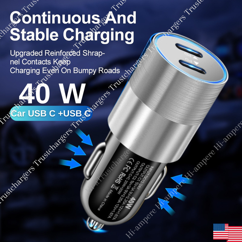 2-Port 40W PD USB C Fast Car Charger Adapter Socket For iPhone 15 14 13 Samsung