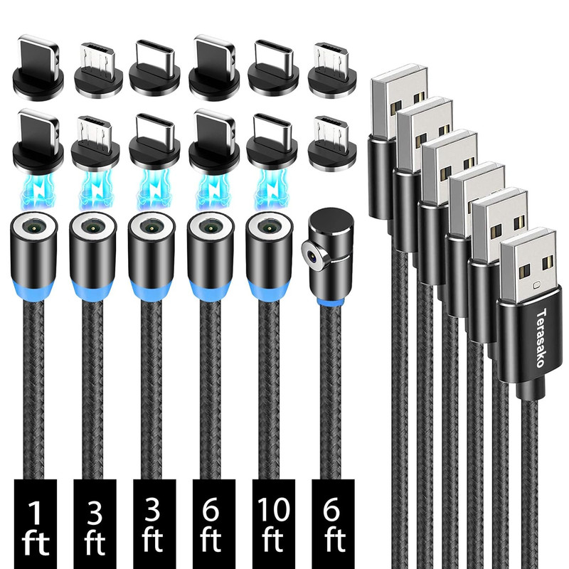 Terasako Magnetic Charging Cable 6-Pack [1Ft/3Ft/3Ft/6Ft/6Ft/10Ft], 3 in 1 Nylon