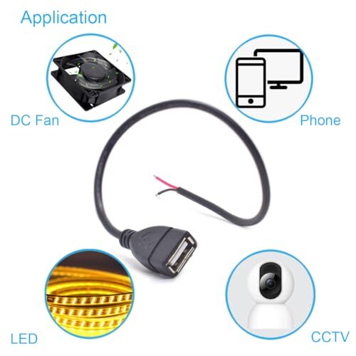 2PCS 20AWG USB A Female Pigtail，0.3M/1FT USB 2.0 Female 2 Pin Bare Wire Open ... gallery