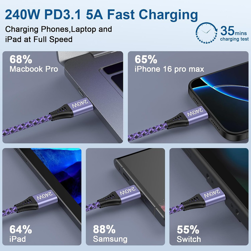 240W Fast Charging USB C to C Braided Cable 10ft for Samsung & iPhone 17 Pro Max gallery