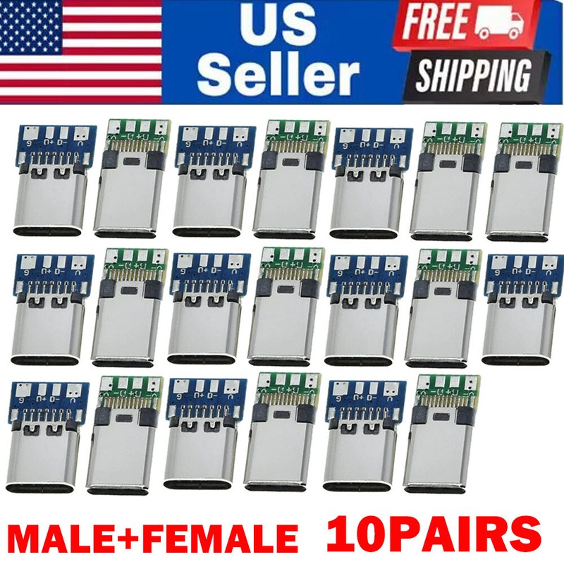 10-Pair USB 3.1 TypeC Male+Female DIY Solder Plug PCB Connector Socket Repair US