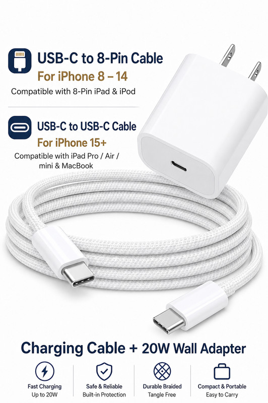 20W Fast Charger For iPhone 17 16 15 14 13 12 Pro Max USB-C Adapter PD Cable Lot