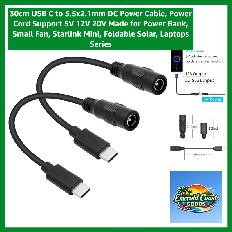 30cm USB C to 5.5×2.1mm DC Power Cable – 100W Fast Charging Versatile Adapter