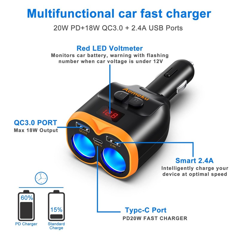 Aemeku PD20W USB-C QC3.0 Fast Charger Car Adapter 120W 2-Socket Orange-Black gallery