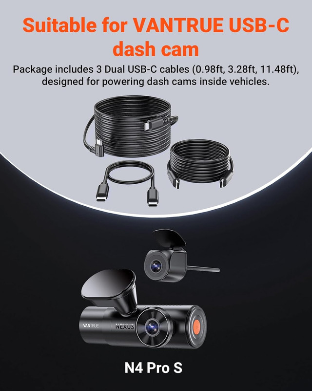 Cable Set 3 Dual USB-C Power Cables 0.98Ft 3.28Ft 11.48Ft Powering Dash Cams In