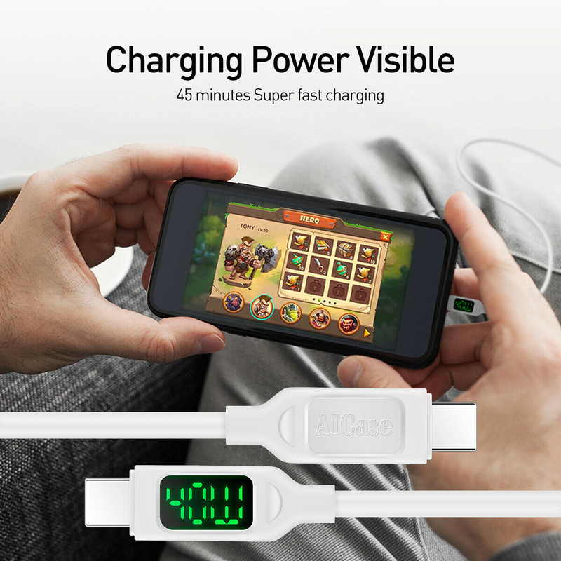 10ft USB A to USB C Cable LED Display 5A PD 100W 20V QC5 Fast Charging Type C gallery