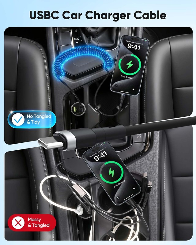 USB C to USB C Coiled Cable for Car, Coiled Type C Cable 60W Fast Charging & ... gallery