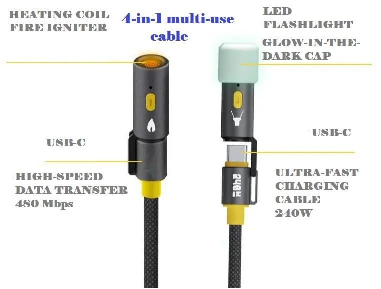 5 Ft 240W Dual USB-Charging Cable Heavy Duty, 4-in-1 Flashlight, Fire Igniter... gallery