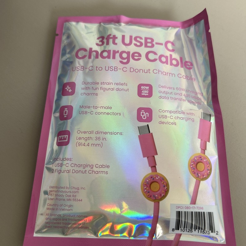 Donut Charm Pink USB-C to USB-C 3ft Charging Cable 60W Fast Charge 480Mbps - NEW gallery