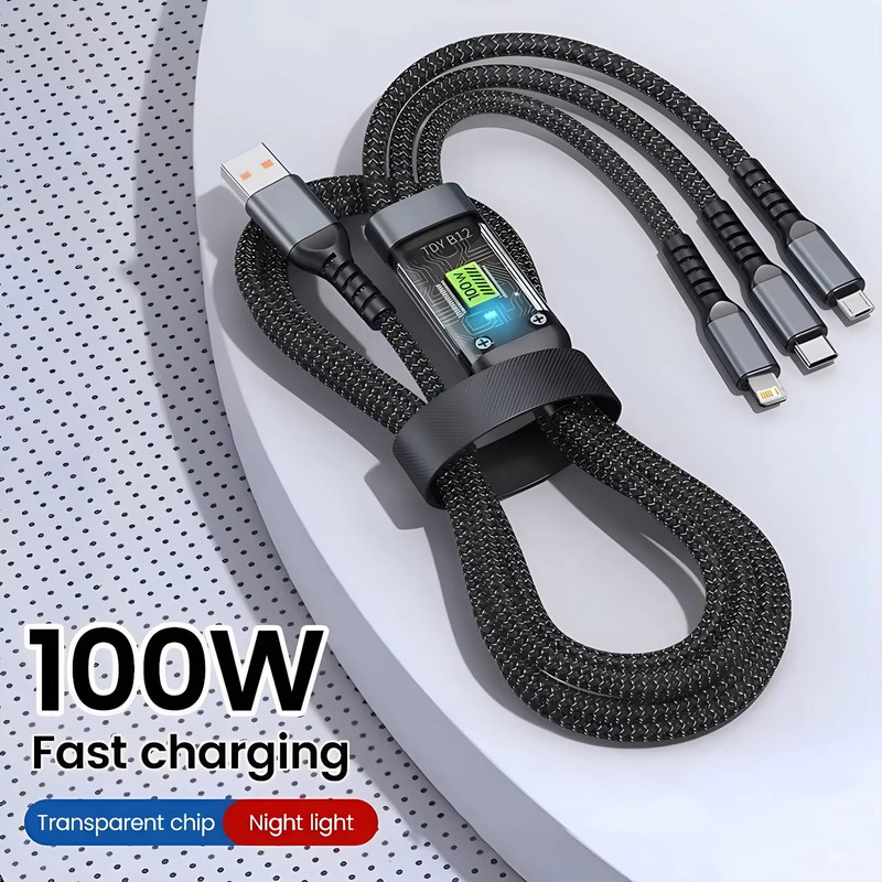 100W 3 in 1 Fast Charging Cable Multi USB C Type C Light for iPhone Android