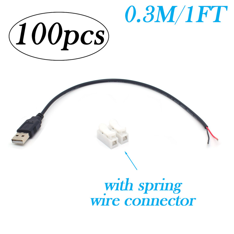 100x 22AWG USB 2.0 Male Pigtail Cable 0.3M/1FT 2-Pin DIY Repair Bare Wire 5V 3A