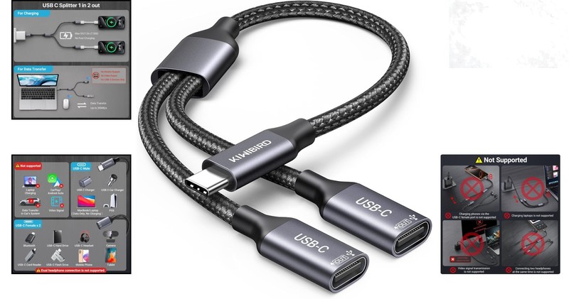 USB C Splitter 1 in 2 Out Charging Data Transfer Cable for Laptop Mac Smartphone gallery