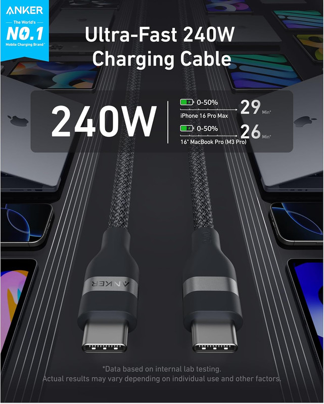 Nano USB C Cable, 240W Flexible Multi-Color Braided Cord, Fast Charging Type C C gallery
