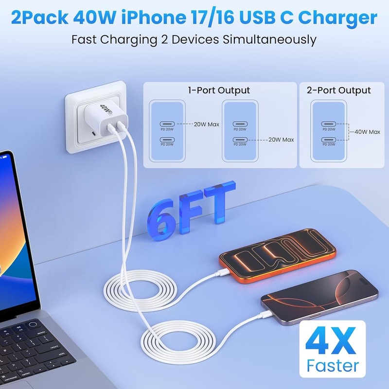 Fast Charger for iPhone 17/16/15 Plus/iPadAir Cable Type C to Type C PD 40W Cube gallery