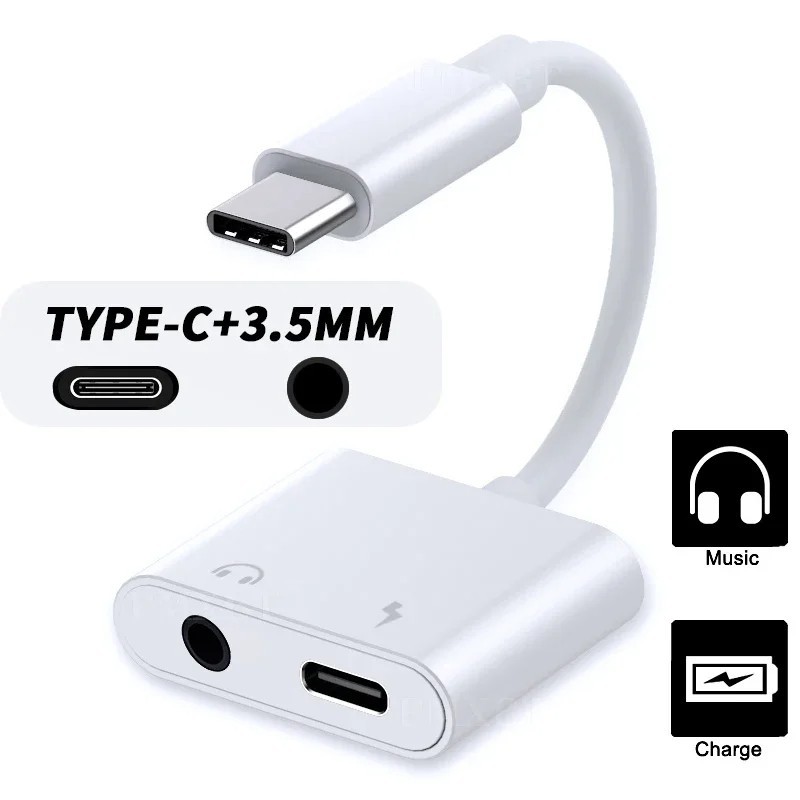 USB Type C to 3.5mm Aux Audio Jack Adapter 2-in-1 Charging Cable Cord Splitter