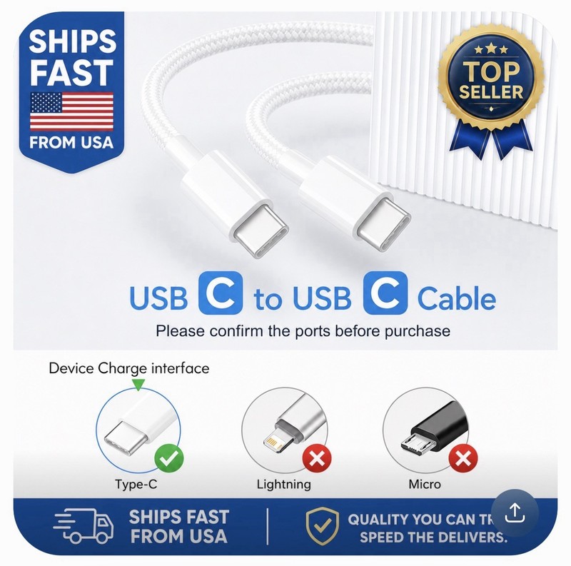 USB-C to USB-C, 2m(6.5 ft.) Charging Cable.