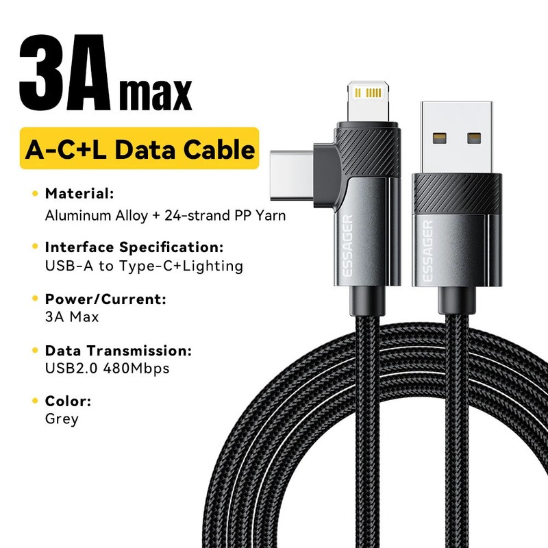 2 in 1 USB Cable 90 Degree Angle Type C PD Fast Charging Cable For iPhone 16 15