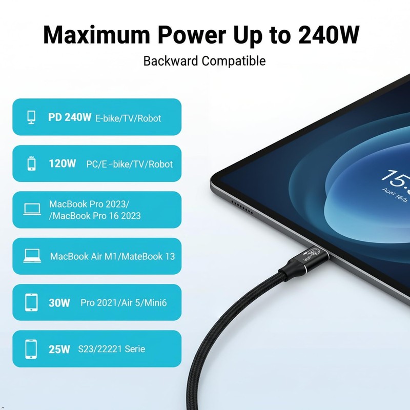 Compatible with Thunderbolt4/5 USB4 Cable, 2.62FT USB C to USB C Cable, 240W ... gallery