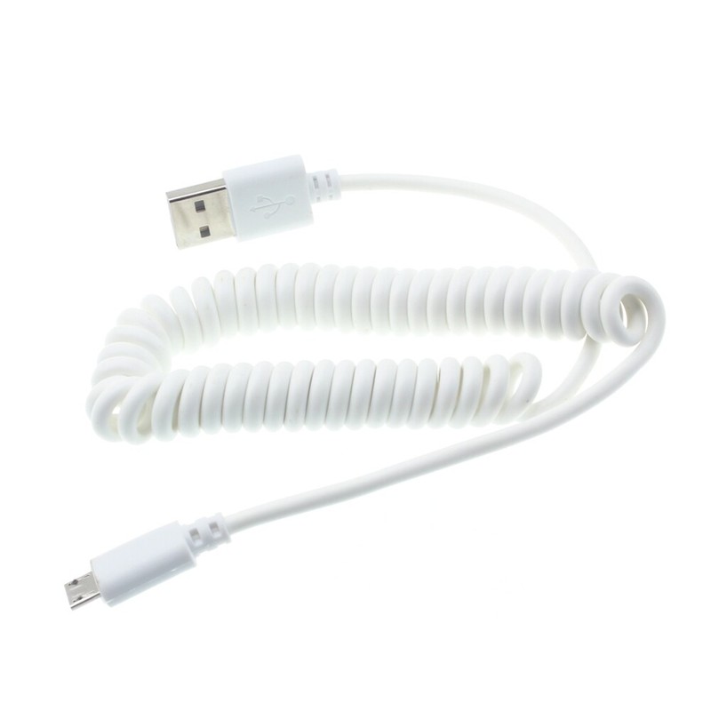 Coiled USB Cable MicroUSB Charger Cord Power Wire Sync White for SmartPhones