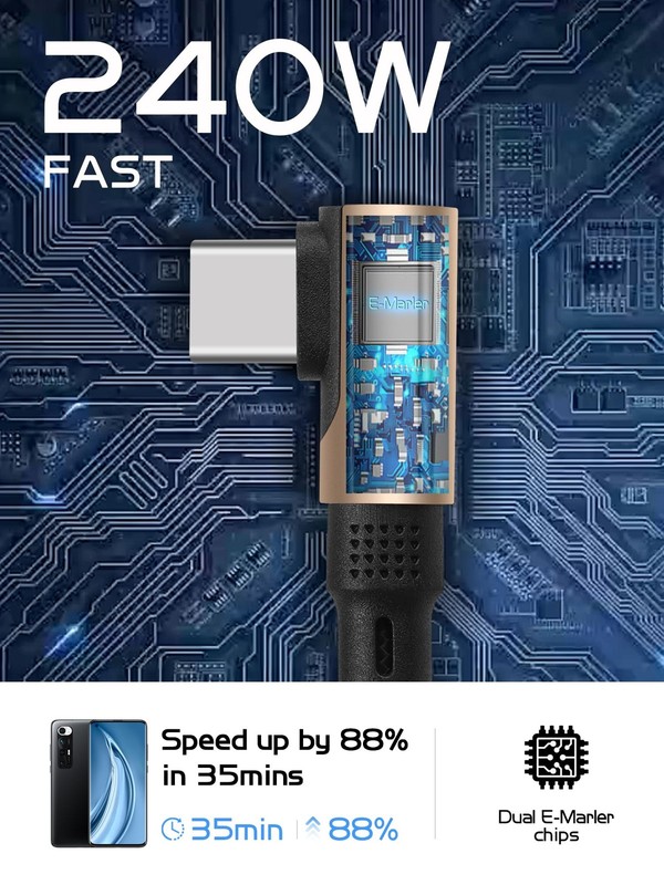 90 Degree USB C to USB C Cable, 240W Fast Charging Nylon Braided, 4.9FT Right... gallery