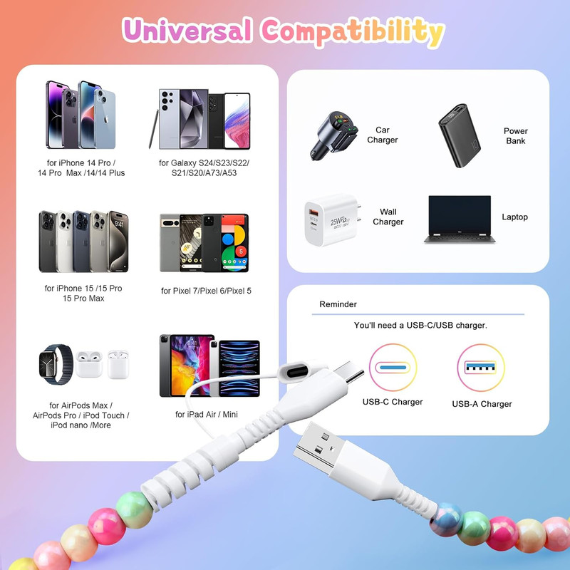 Aolcev USB C Cable for Iphone Charging Cord 3.3FT 2 in 1 Multi Cute Beaded Phone gallery