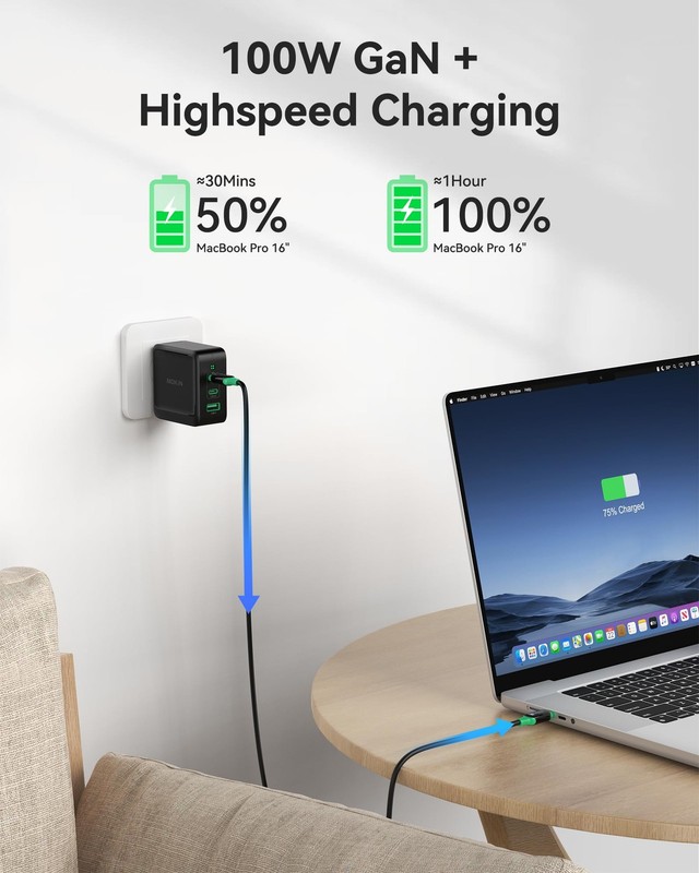 100W USB C Charger, 3-Port GaN+ USB C Charging Block, Foldable and Compact Fa... gallery