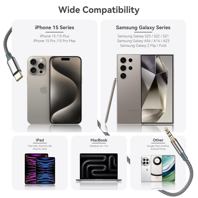 Henrety AUX to USB C Cable 6.5ft USB C to 3.5mm Audio Aux Jack Cable for Grey 1 gallery
