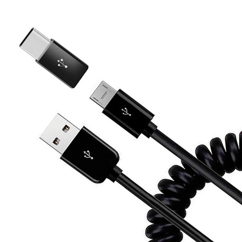 Coiled USB Cable Charger Cord Micro-USB to USB-C Adapter Power for Cell Phones
