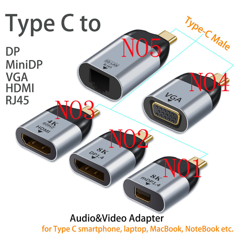 Type C To HDMI DP Mini Displayport VGA RJ45 Adapter USB C Audio Video Converter