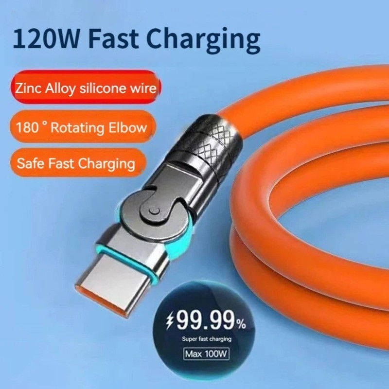 120W 6A USB C to C Fast Charging Cable 180° Rotating Elbow Silicone 1M 2M gallery