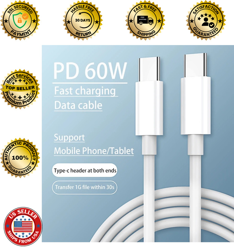 60W USB-C to USB-C Fast Charging Cable – Durable Power Cord for Tablets, Laptops