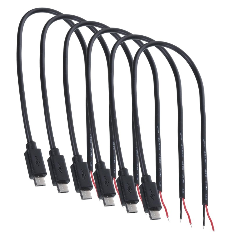 6 PCS Micro USB Pigtail 2 Wire Power Cable 12 Inch 30cm 5V 3A 22AWG Cord